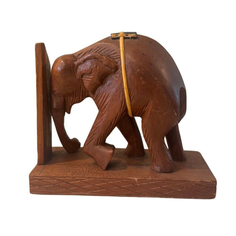 Vintage Hand Carved Bohemian‎ Wooden Smiling Elephant Bookend 6.5" Tall 8" Long